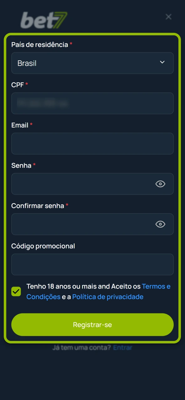 Crie sua conta nova no site oficial da marca Bet7.