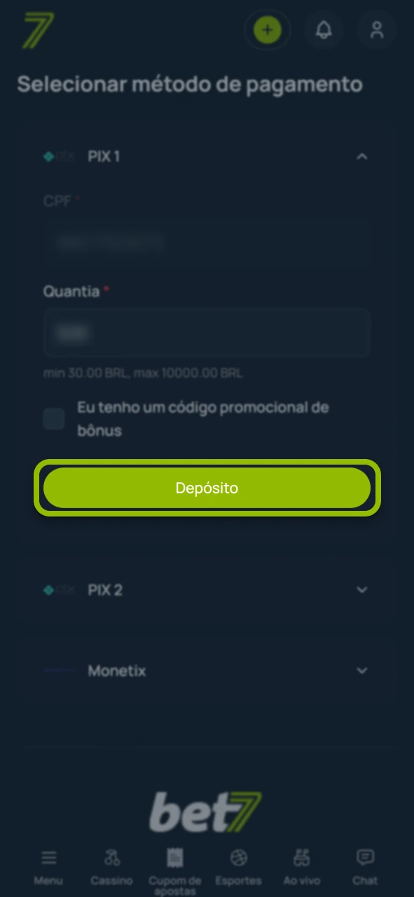 Faça um depósito rápido no site oficial da plataforma Bet7.