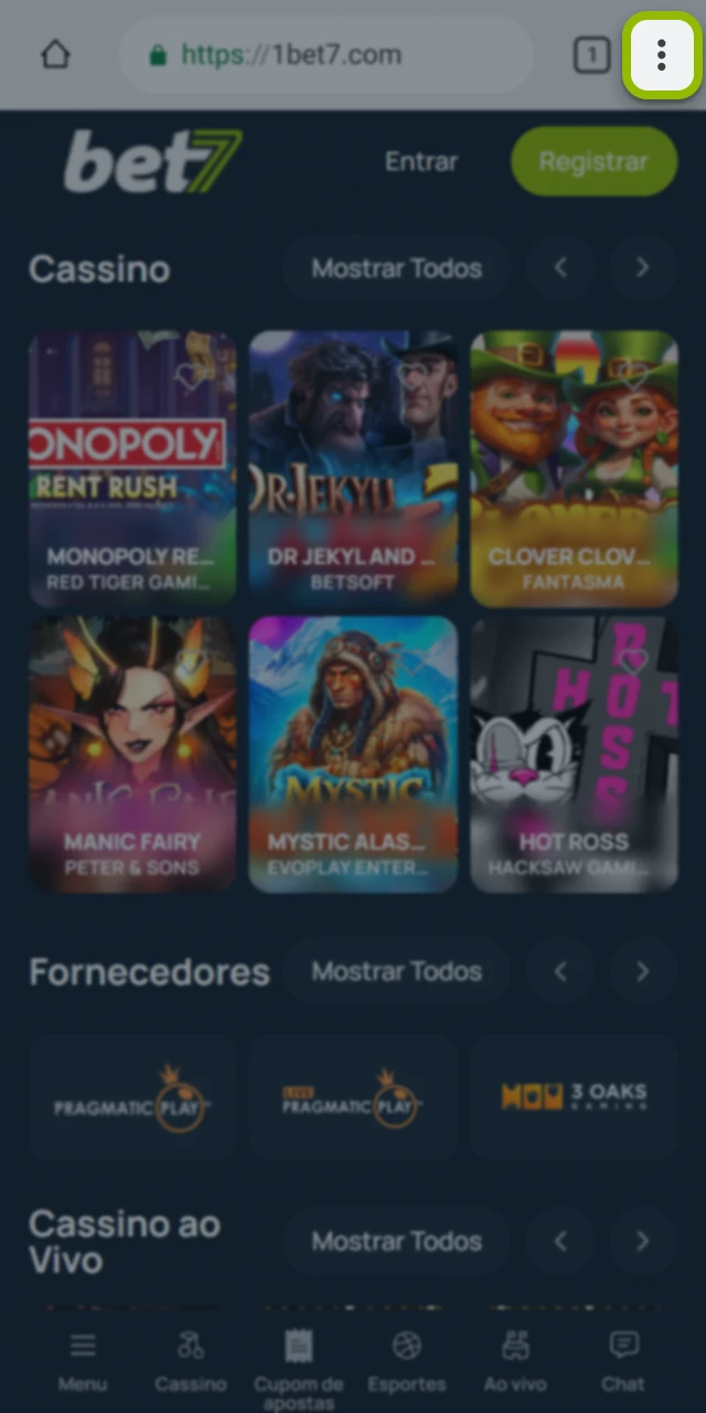 Abra o menu do navegador no site oficial da Bet7.
