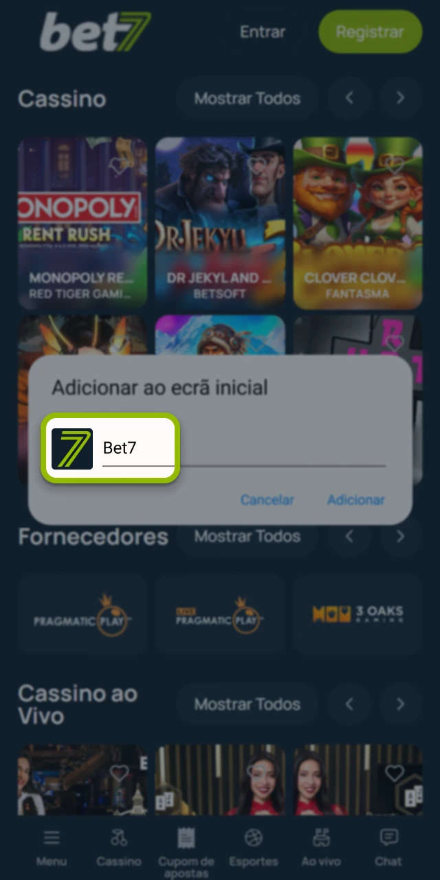 Altere o nome do atalho no site oficial da Bet7.
