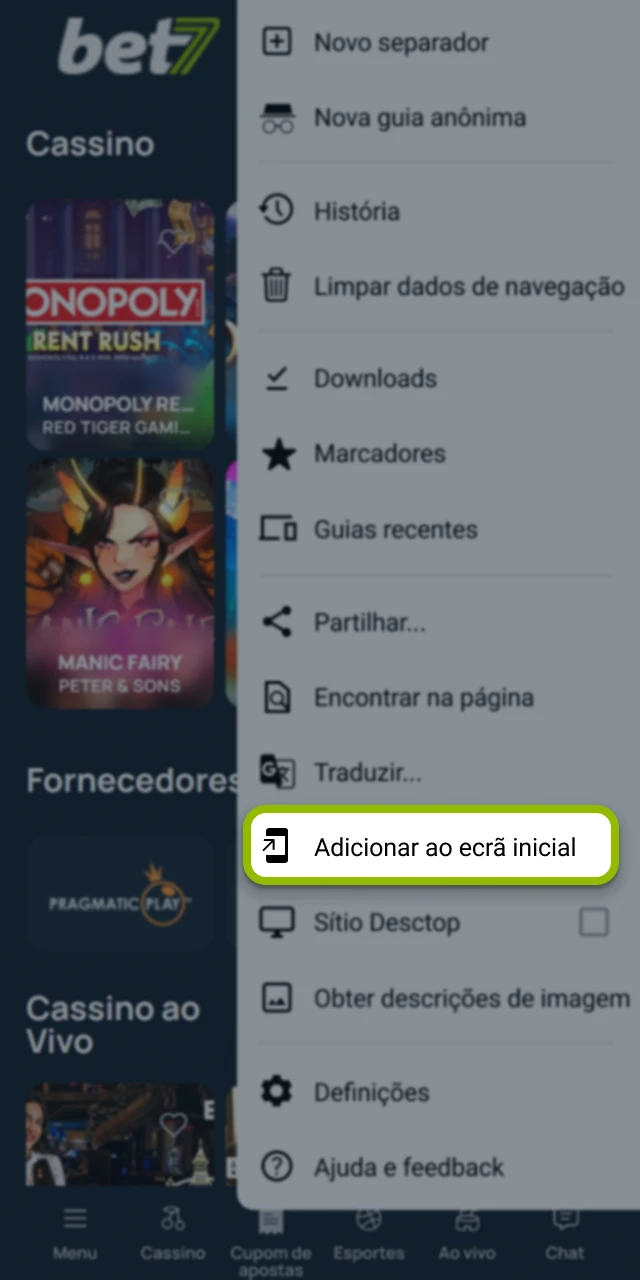 Selecione adicionar ao ecrã inicial no site oficial da Bet7.