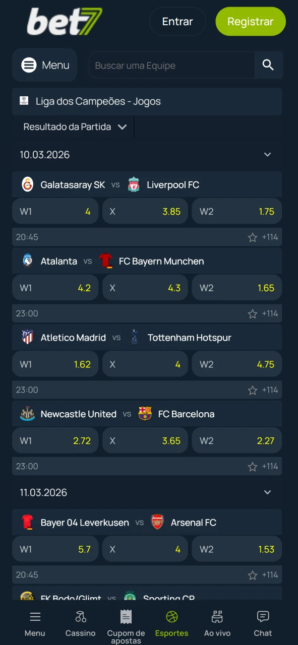Faça apostas esportivas no site oficial da operadora Bet7 hoje.