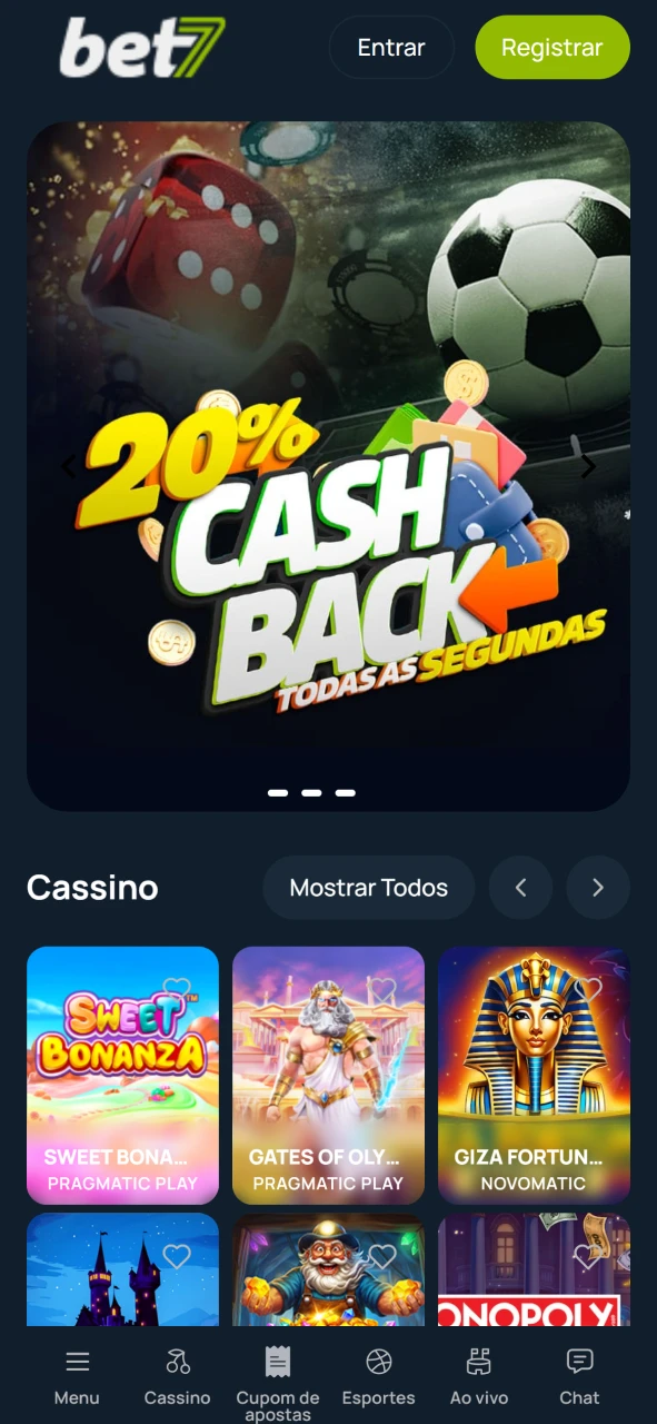 Veja a página inicial no site oficial da marca Bet7.