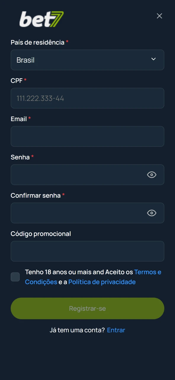 Crie sua conta nova no site oficial da plataforma Bet7.