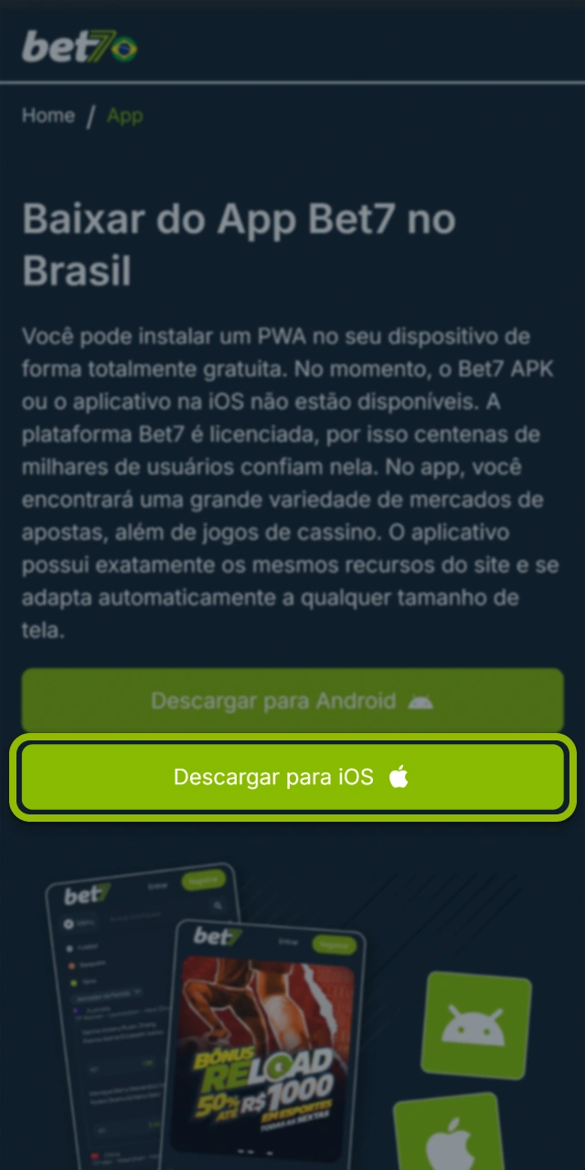 Inicie o download rápido no site oficial da marca Bet7.