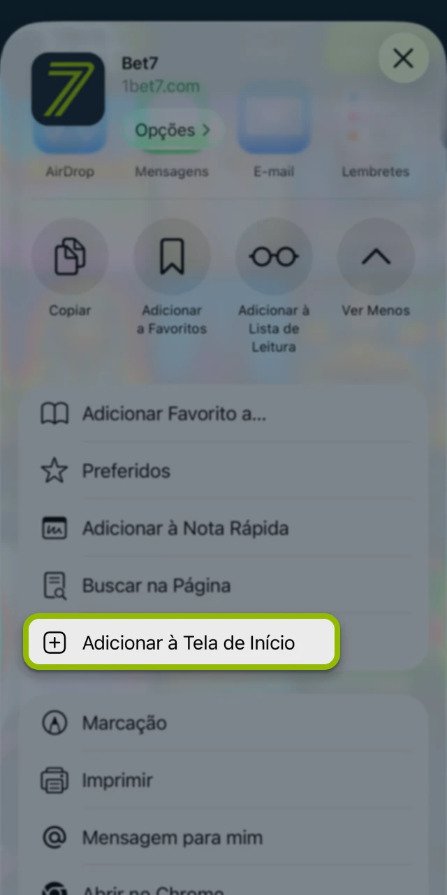 Adicione à tela inicial usando o site oficial da Bet7.