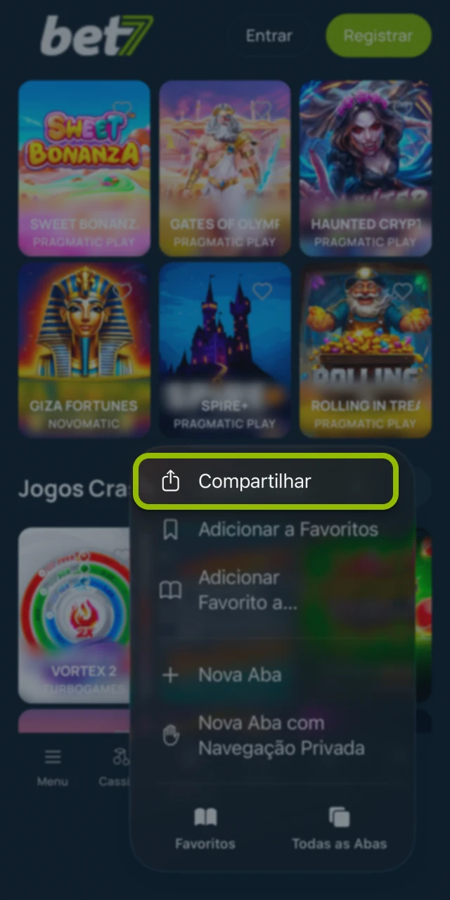Toque no ícone de partilhar no site oficial da Bet7.