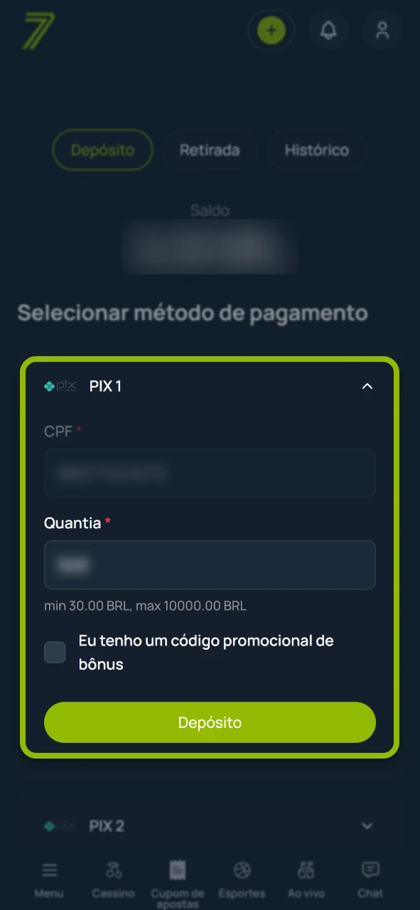 Deposite saldo para jogar agora no site oficial da Bet7.