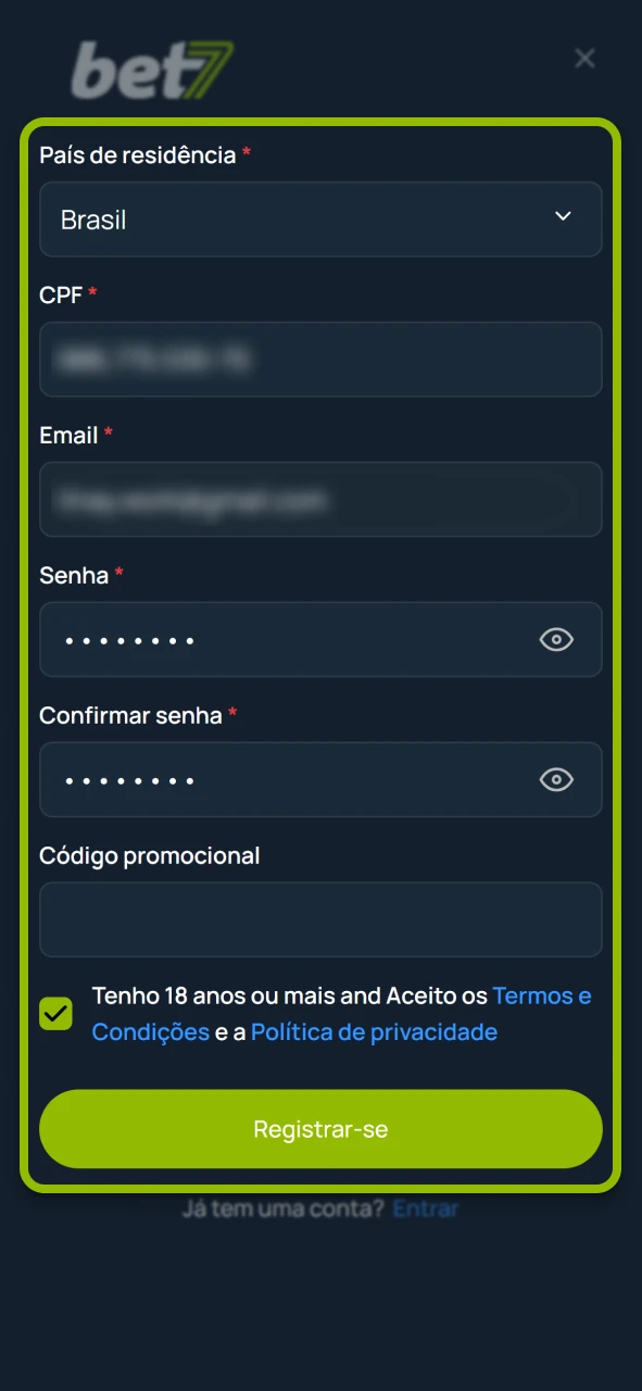 Conclua o seu cadastro rápido no site oficial da Bet7.