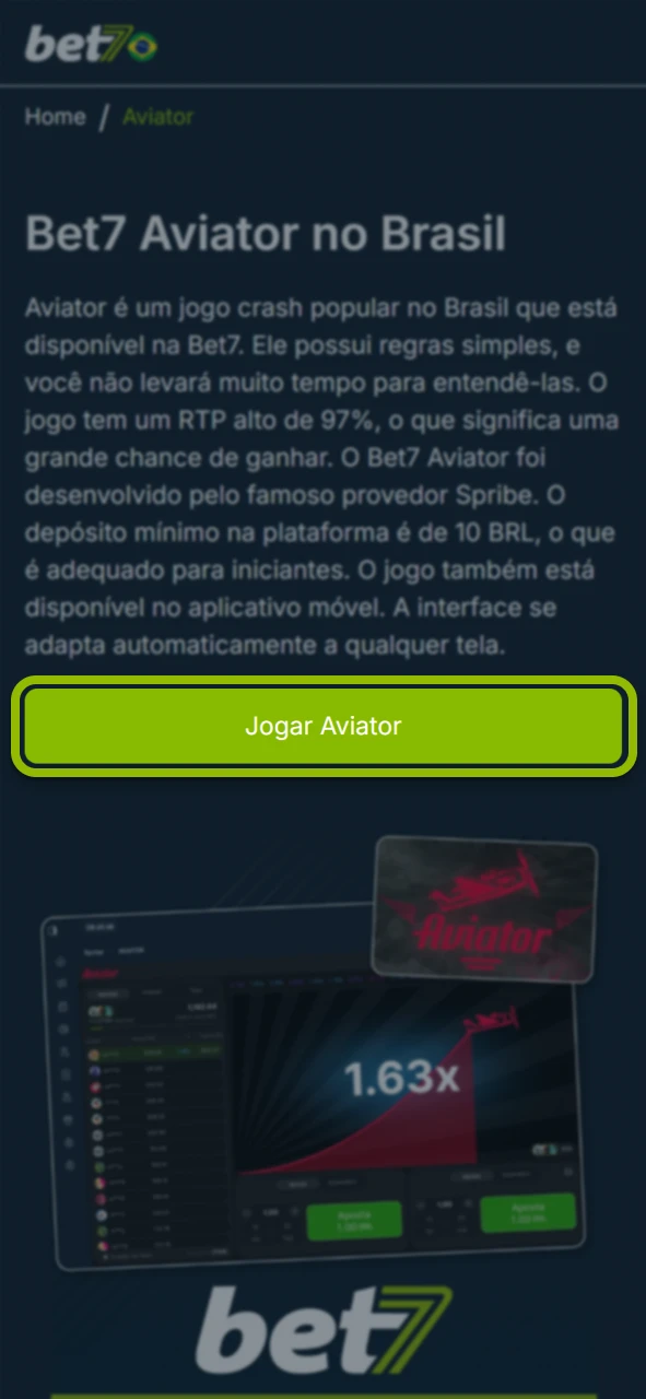 Acesse a página inicial no site oficial da marca Bet7.