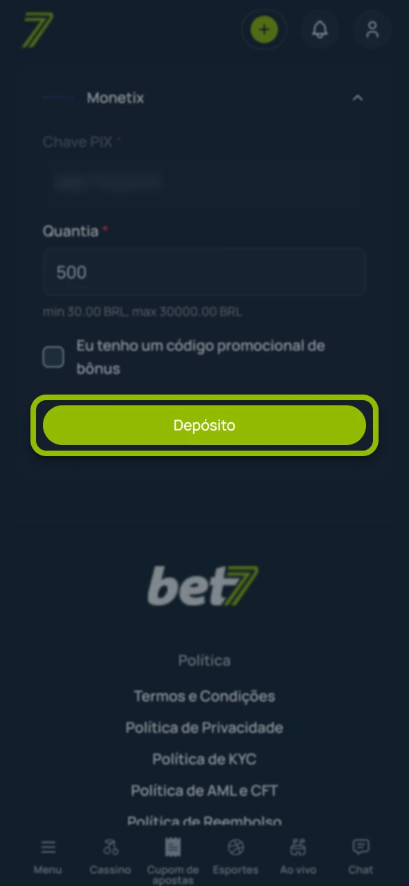 Deposite fundos com segurança no site oficial da marca Bet7.