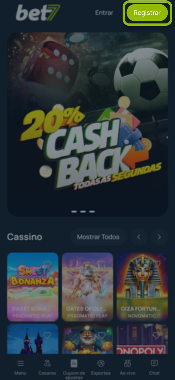 Abra o formulário de cadastro no site oficial da Bet7.