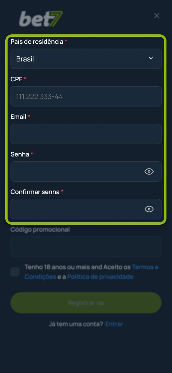 Insira seus dados pessoais no site oficial da plataforma Bet7.