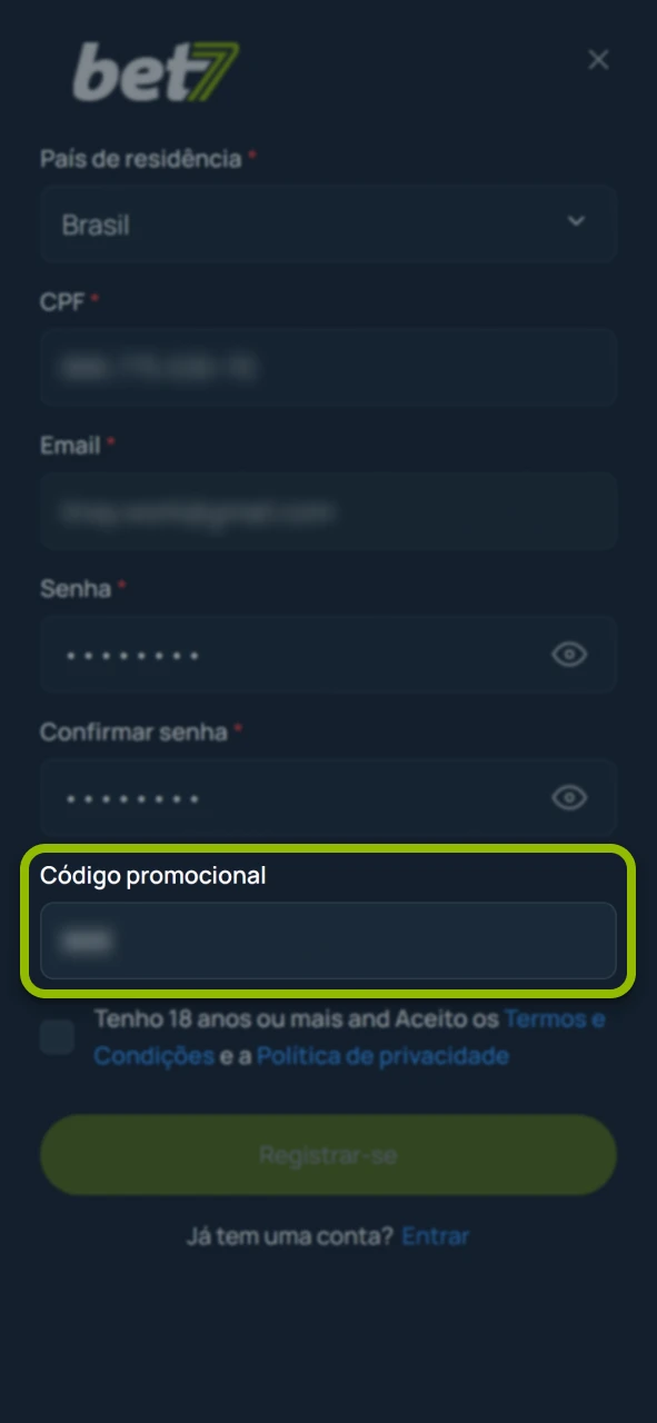 Use o código promocional no site oficial da marca Bet7.