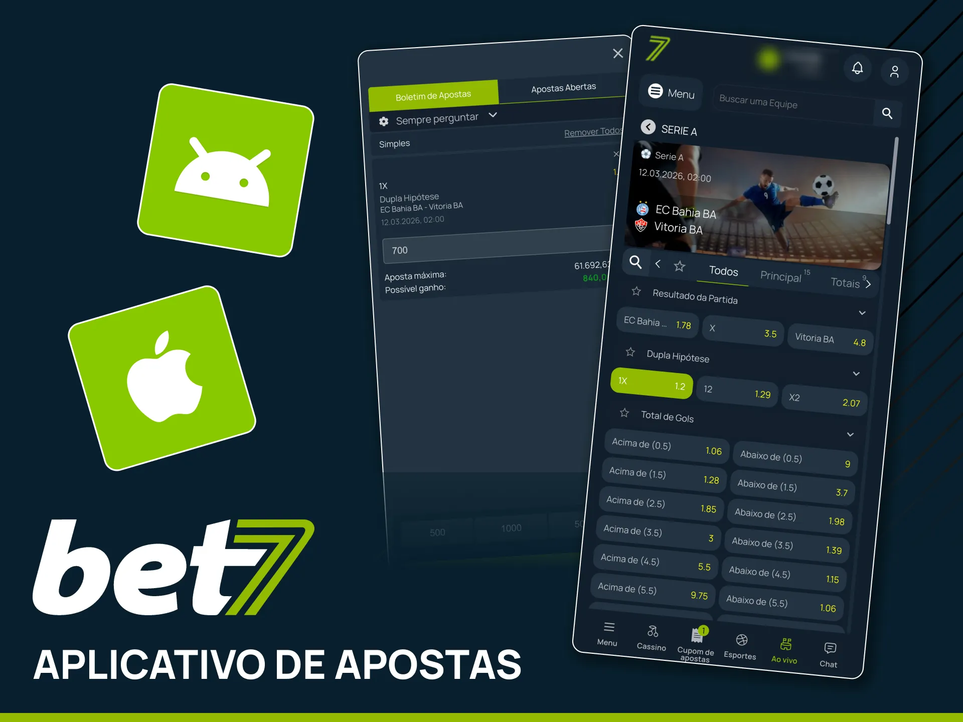 Acesse mercados de futebol pré-jogo e ao vivo no app Bet7.