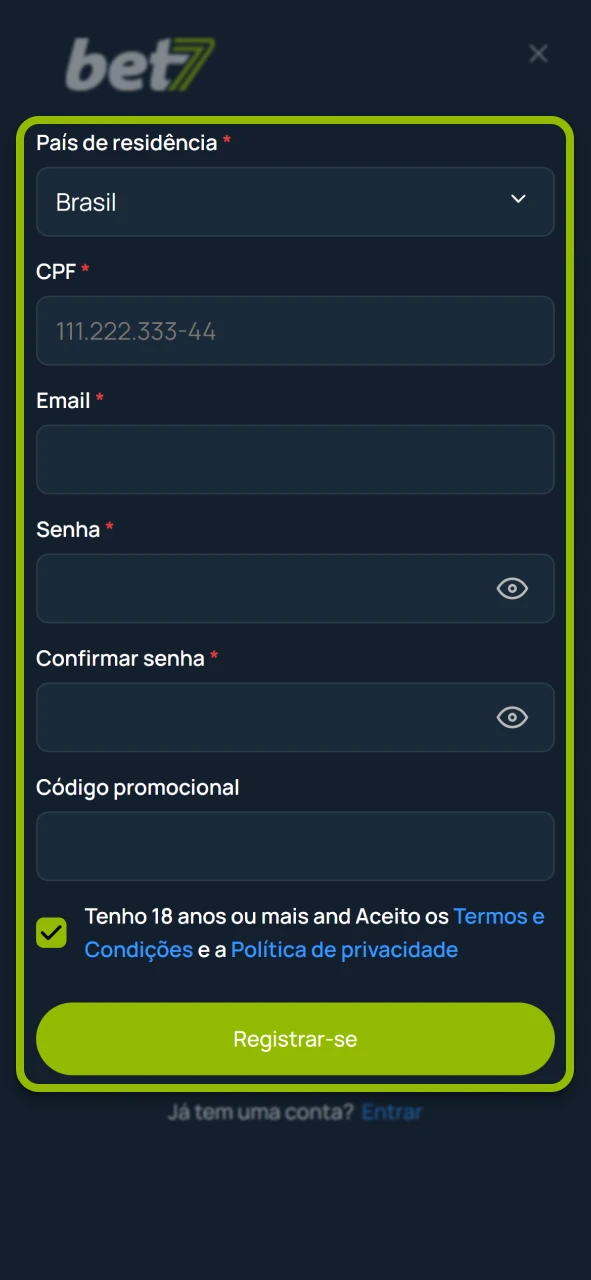 Faça seu registro rápido no site oficial da plataforma Bet7.