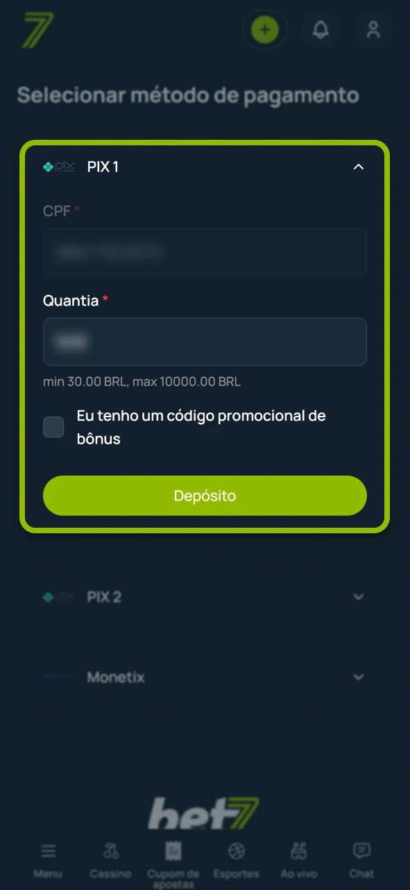 Deposite fundos com segurança no site oficial da marca Bet7.