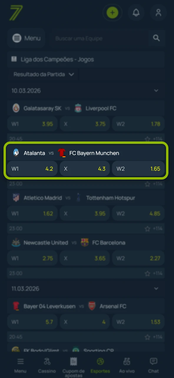 Selecione sua partida favorita no site oficial da empresa Bet7.