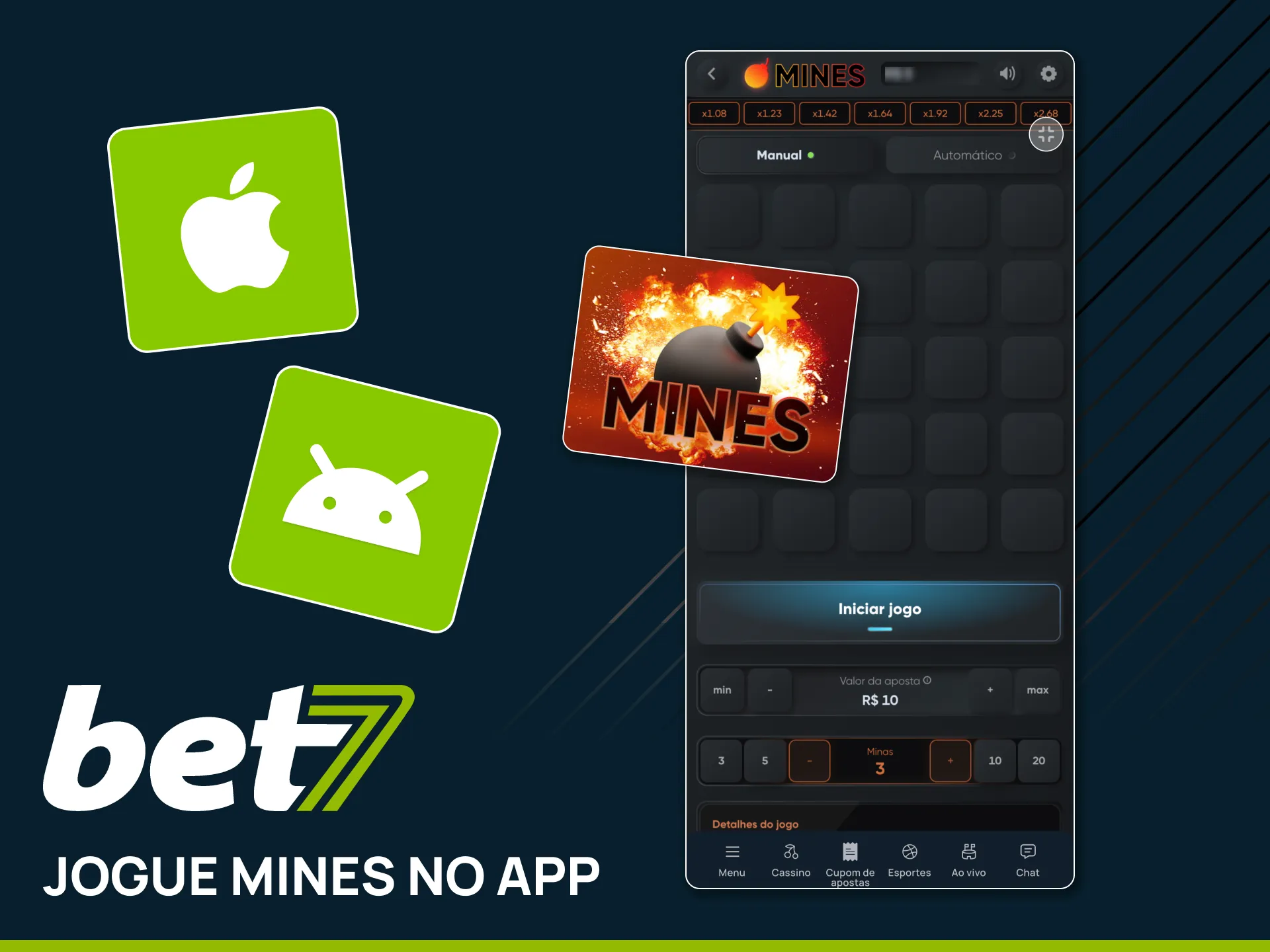 Jogue Mines com carregamento rápido no app móvel Bet7.