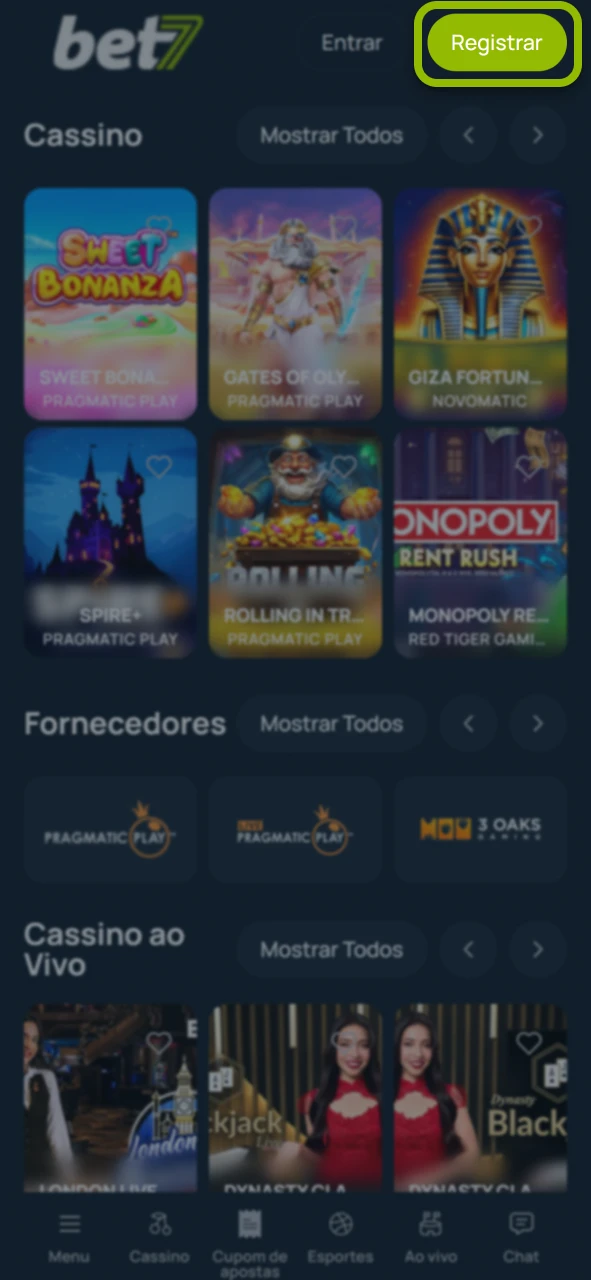 Crie sua conta nova no site oficial da marca Bet7.