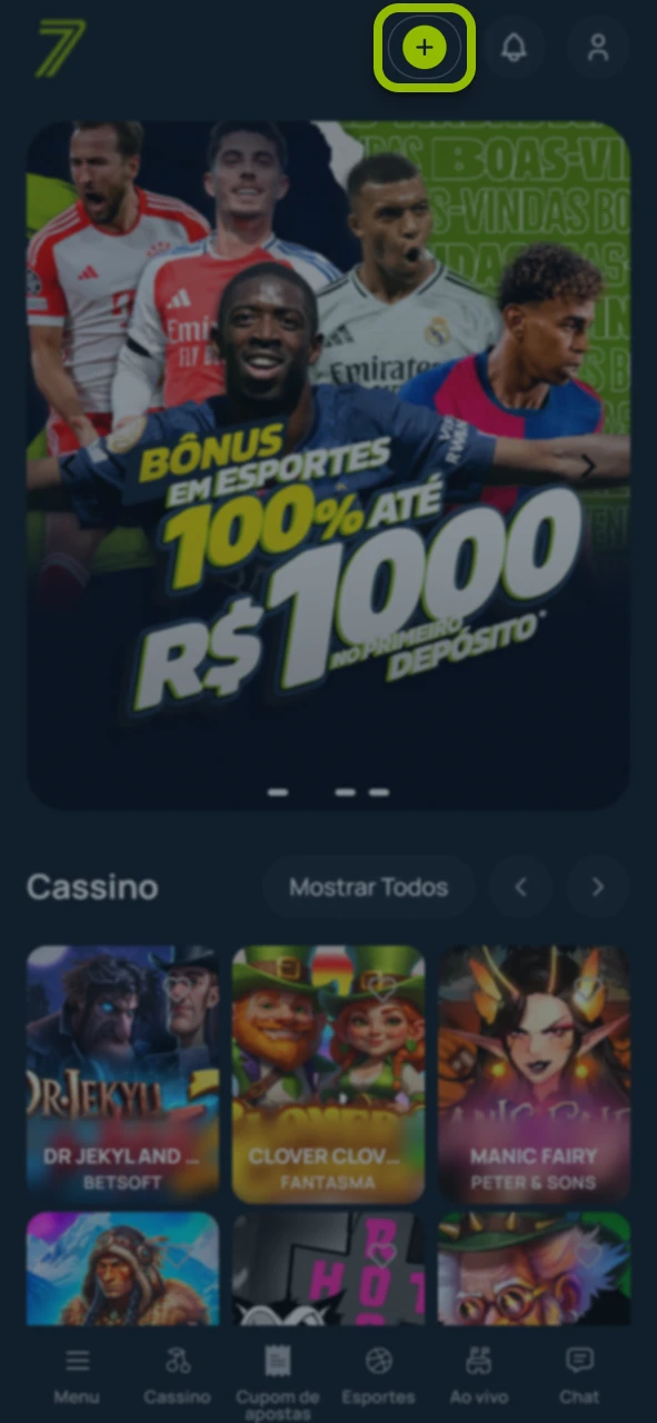 Abra a área de depósitos no site oficial da Bet7.