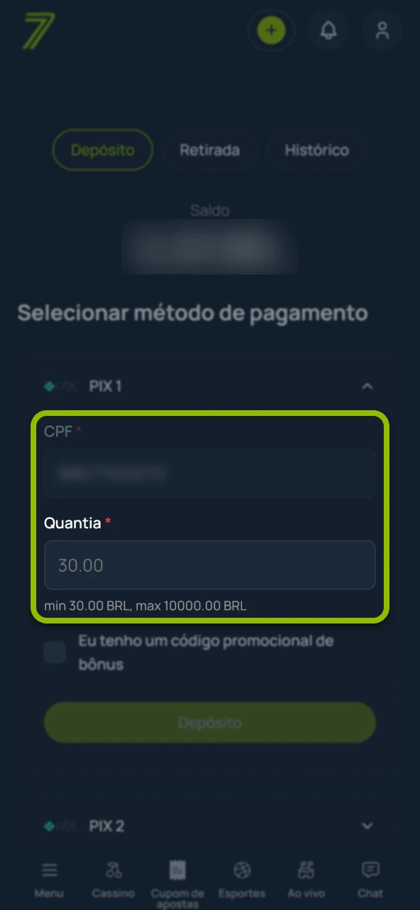 Insira o valor desejado para depositar no site oficial Bet7.
