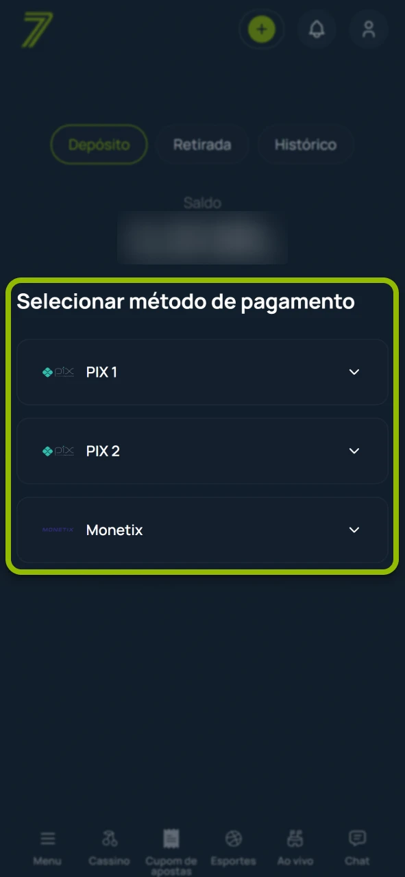 Escolha seu método de pagamento no site oficial da Bet7.