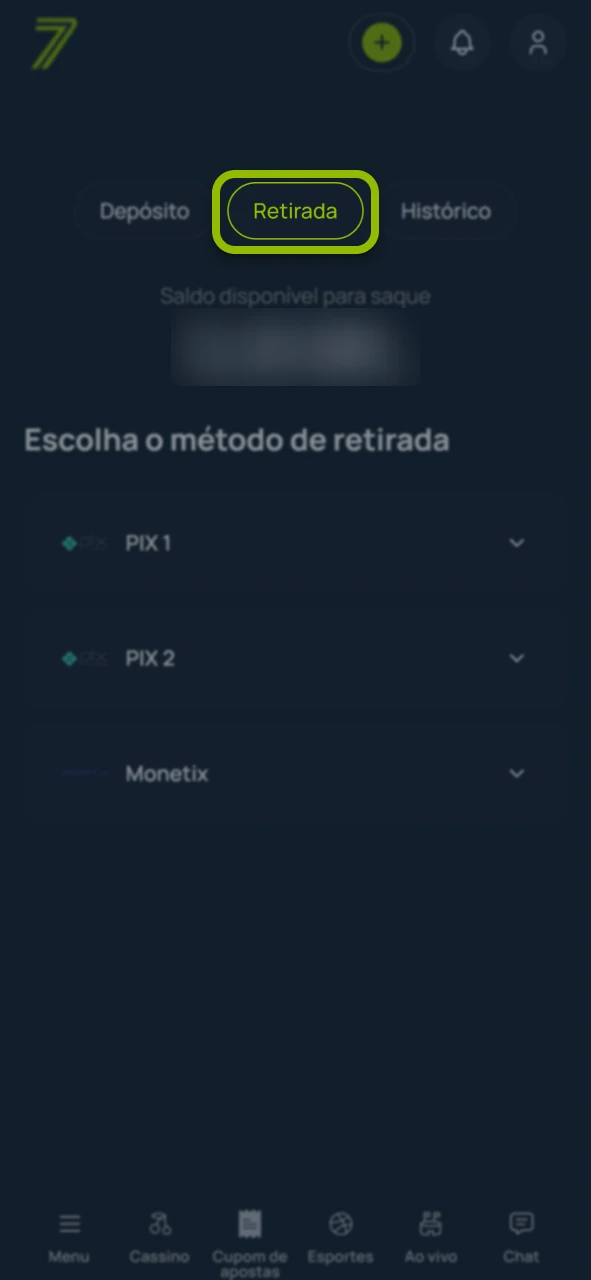 Acesse o menu de retiradas no site oficial da Bet7.