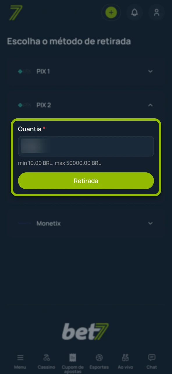 Finalize seu pedido de retirada no site oficial da Bet7.