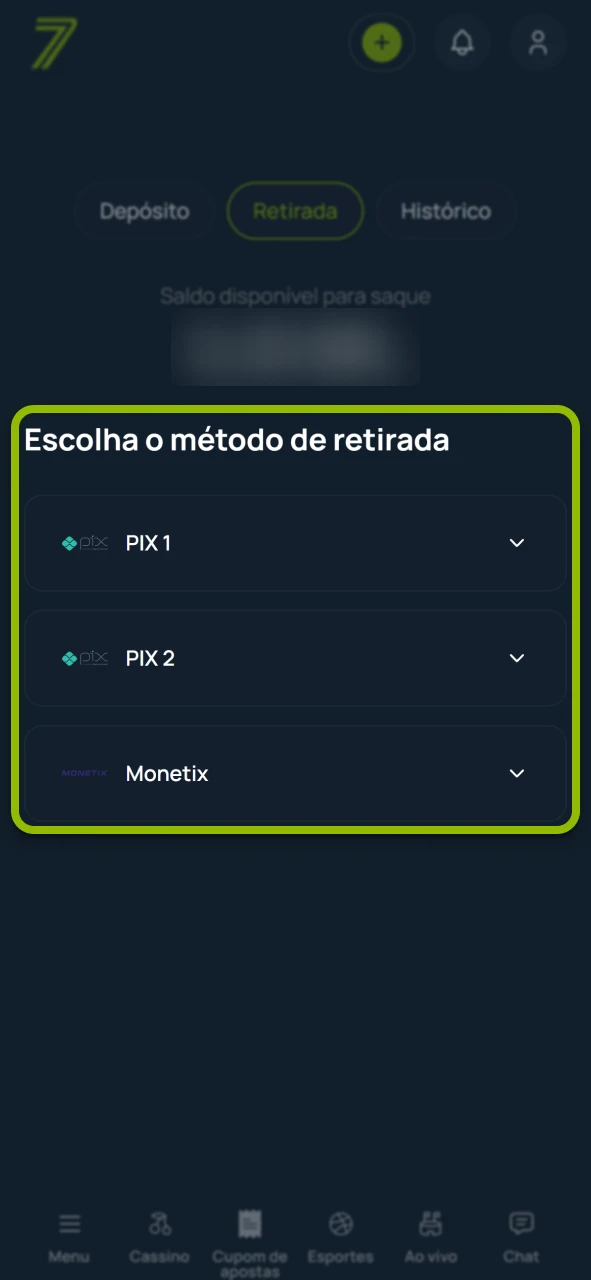Selecione uma opção de saque no site oficial da Bet7.