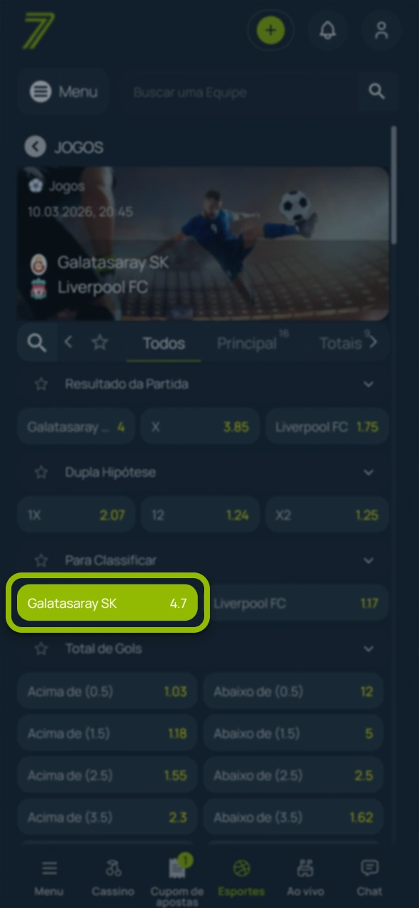 Adicione sua aposta ao boletim no site oficial Bet7.