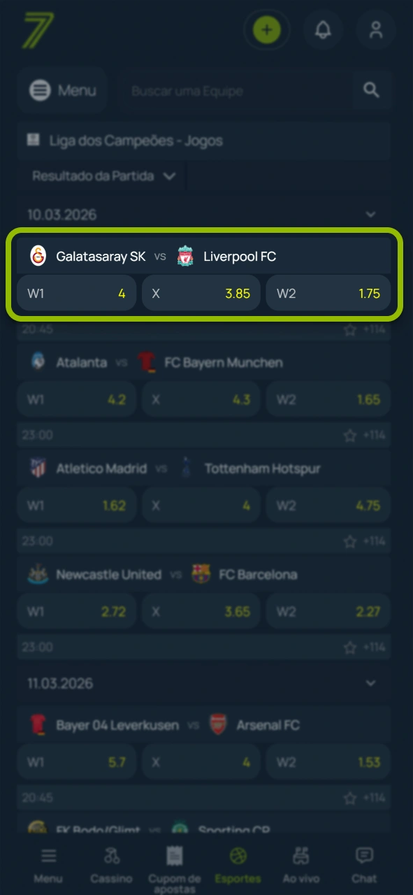 Escolha o seu mercado favorito no site oficial Bet7.