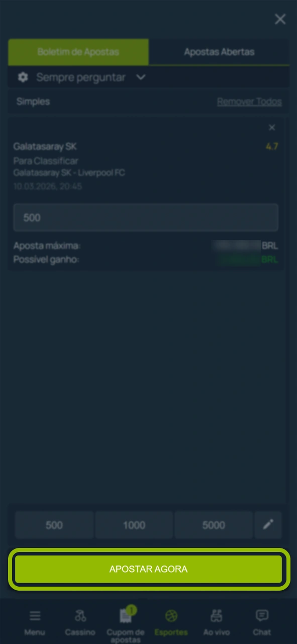 Insira o valor da aposta no site oficial Bet7 Brasil.
