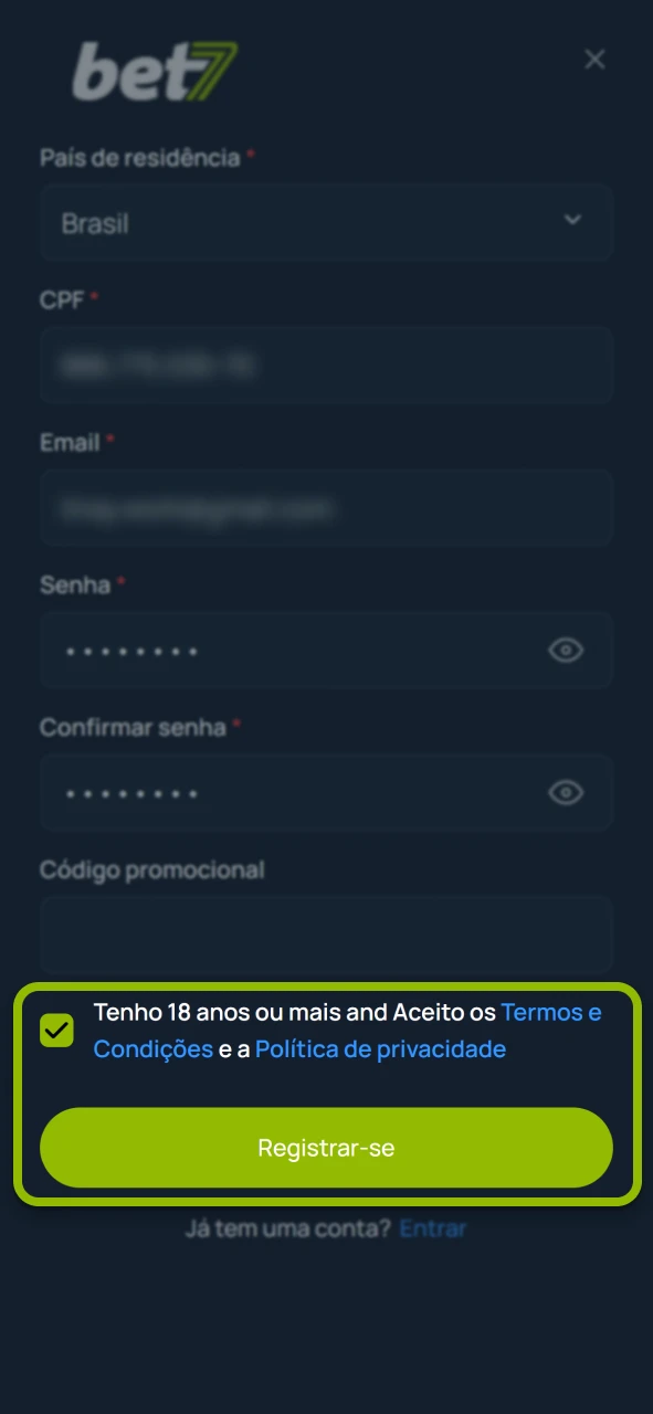 Aceite os termos de uso no site oficial da Bet7.