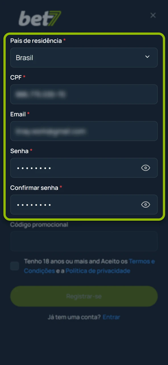Insira seu CPF e e-mail no site oficial da Bet7.
