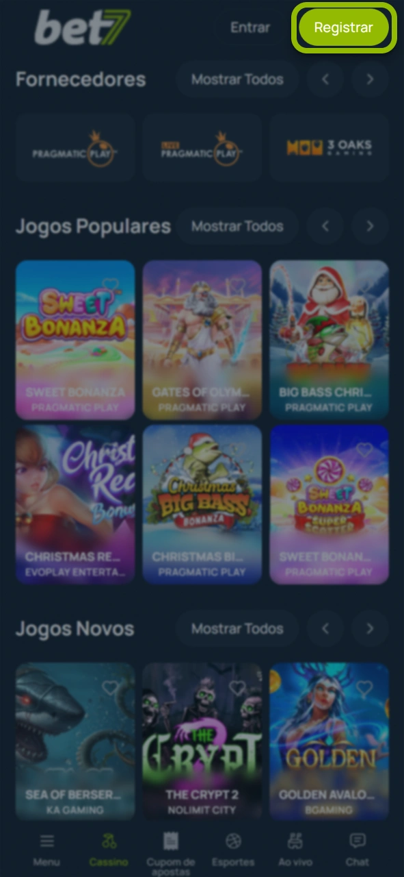 Clique no botão de registro no site oficial da Bet7.