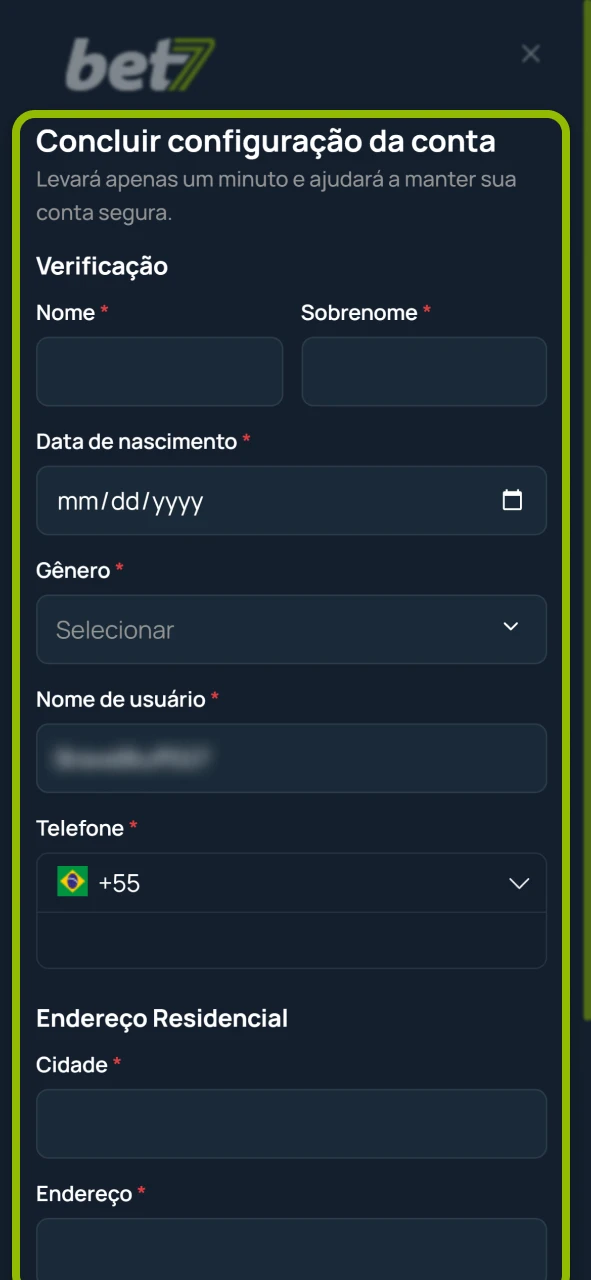 Finalize seu perfil pessoal no site oficial da plataforma Bet7.