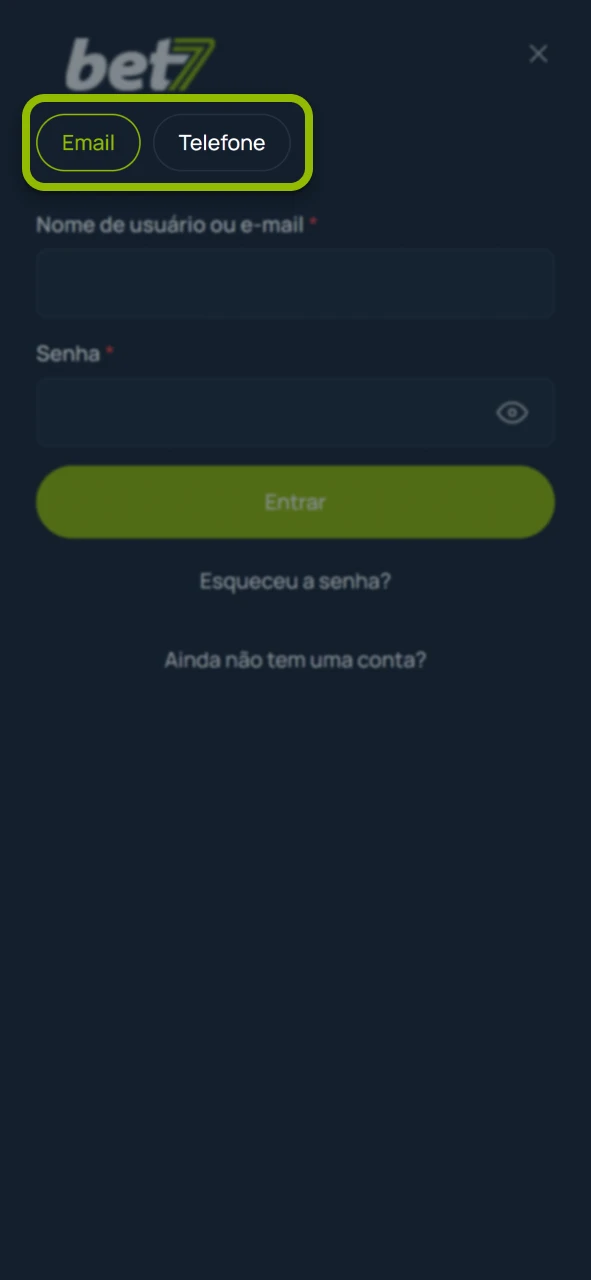 Escolha e-mail ou telefone no site oficial da casa Bet7.