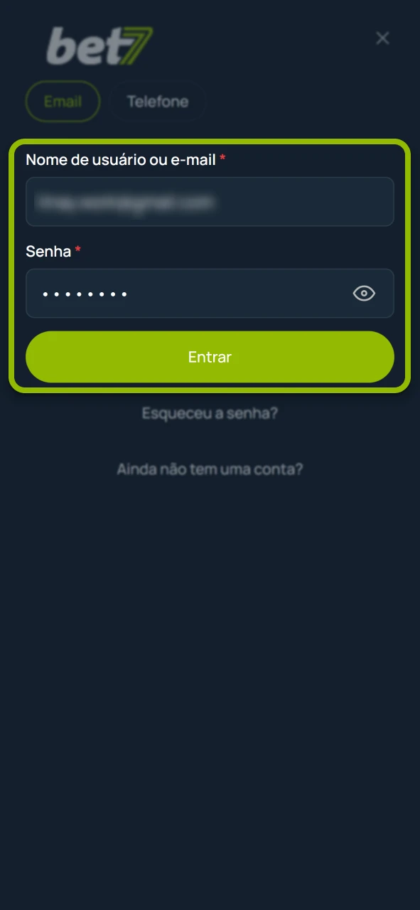 Digite sua senha secreta no site oficial da empresa Bet7.
