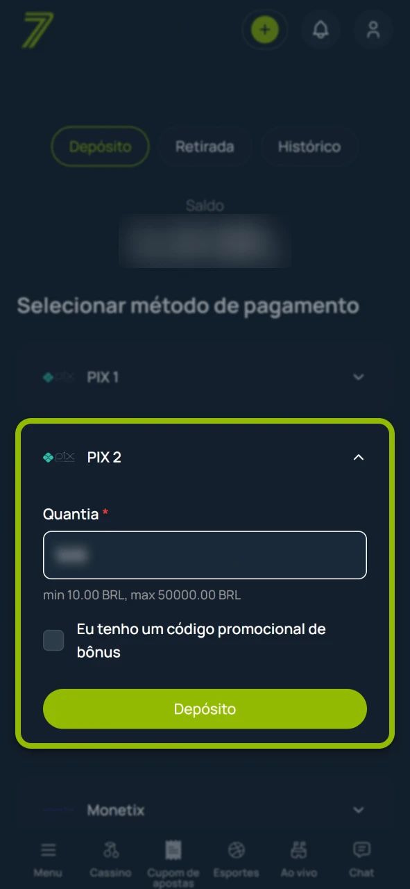Adicione saldo para apostar no site oficial da marca Bet7.